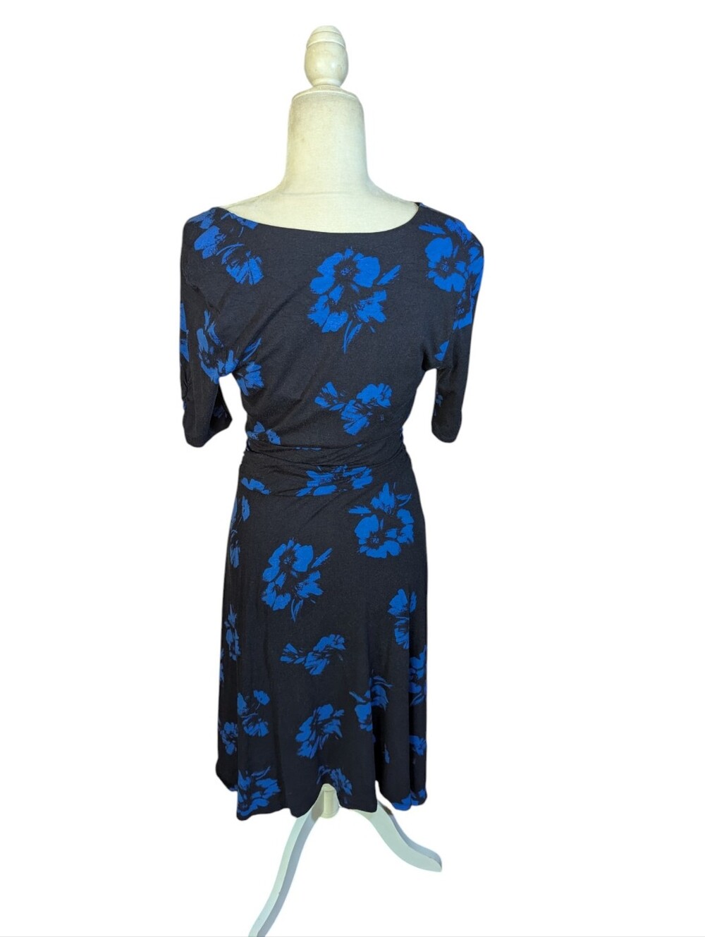 Hobbs London Black Wrap Dress Blue Floral Print Dark Academia V Neck Knit Sz 6 - Picture 4 of 7